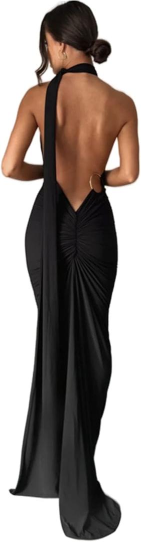 Women's Sexy One Shoulder Backless Maxi Dress Elegant Ruched O Ring Sleeveless Evening Dress Long Gown Cocktail Dress (Large, Black)