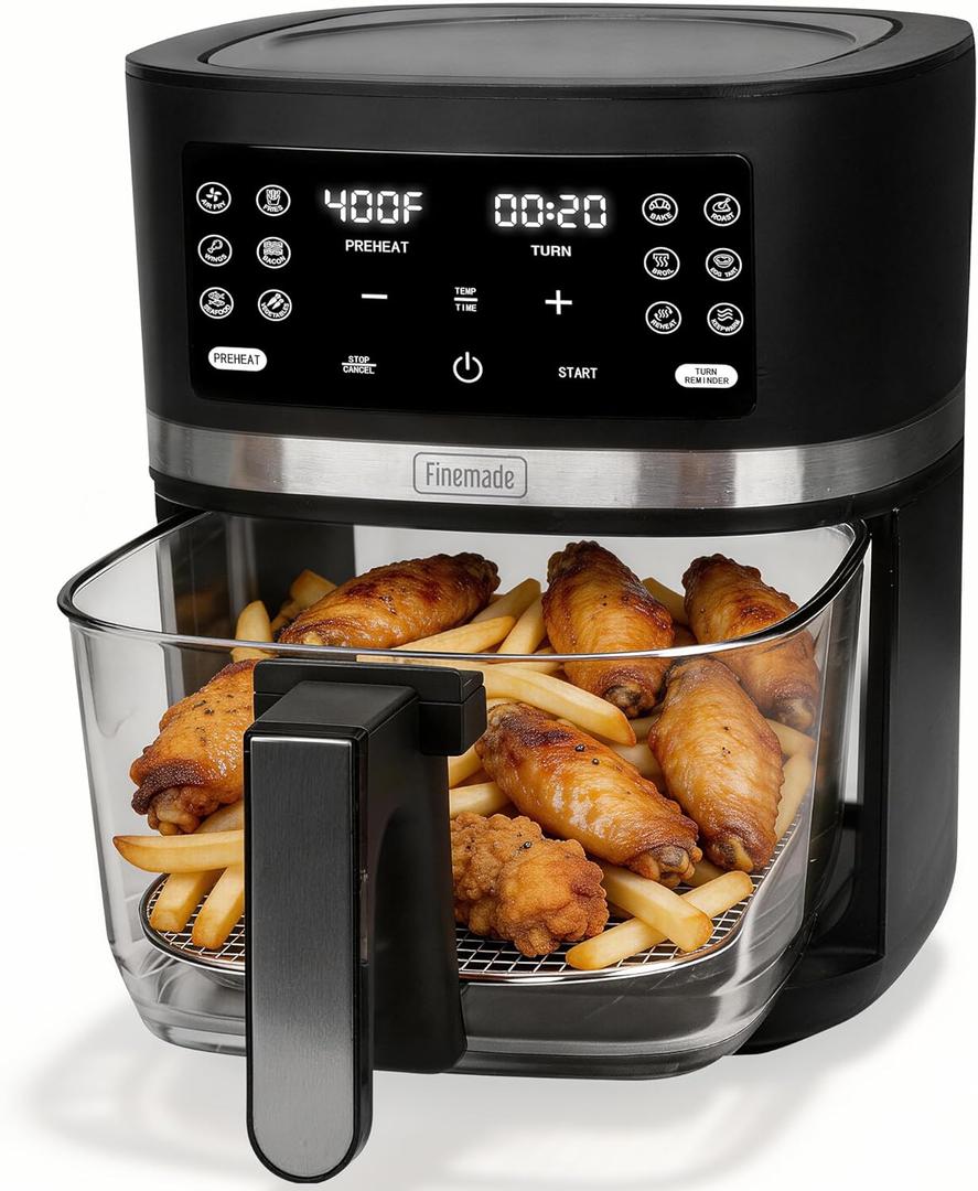 FineMade 12-in-1 Glass Air Fryer Non Toxic,4.5 Quart, Dishwasher-Safe Air fryer Glass Basket, Freidora De Aire De Vidrio, Temperature & Time Programable, PFOA & PFAS Free, Graphite, 4.5 Qt