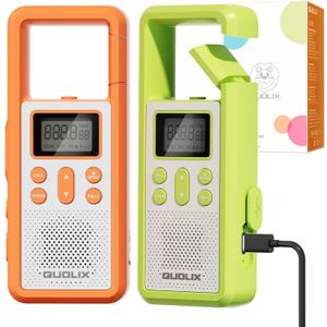 QUOLIX Walkie Talkies for Kids 2 Pack Rechargeable with NOAA & VOX, Kids Walkie Talkies with Long-Lasting Battery Toys for 3-12 Year Old Boys Girls, Durable Outdoor Gifts for Camping, Hiking Games (OrangeGreen)