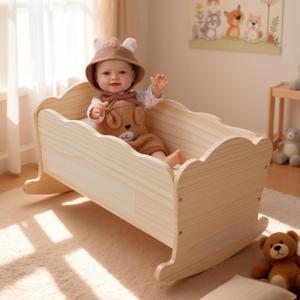BABESIDE 3 Pcs Baby Doll Crib Set for Dolls up to 16 Inch, Wooden Baby Doll Accessories Babydoll Bed Dolls Cradle with Bedding Set for Kids Pretend Play Toys, Wood Doll Crib, For 12-16 Inch Dolls