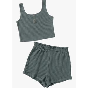 Girl's 2 Piece Outfits Waffle Knit Scoop Neck Button Down Crop Tank Tops Paperbag Waist Track Shorts, Color: Pure Green, Size: 10-11 Years