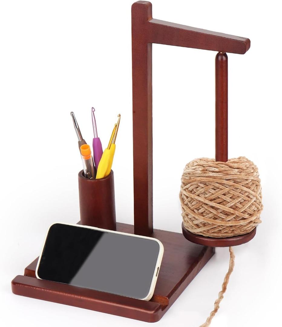 Walnut Wooden Yarn Spinner Holder with Phone Stand & Crochet Hook Storage