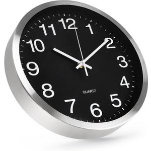 Wall Clock 12 Inch Metal Finish Silent Non Ticking Indoor Clock Round Battery Operated Stainless Steel Wall Clocks for Home, Office, Living Room (Black-Silver Brushed Finish, 12 Inch)