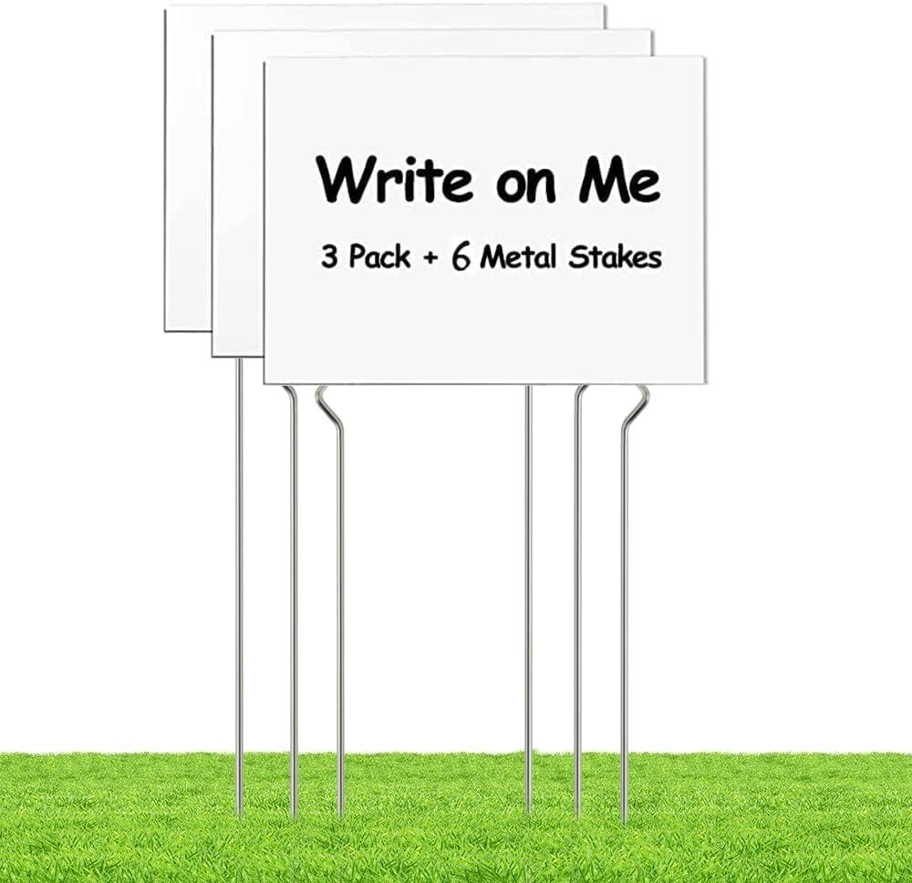 Kichwit 3 Pack Blank Yard Signs with Stakes, 17 x 12 Inches, White Plastic Yard Lawn Sign for Indoor or Outdoor Use