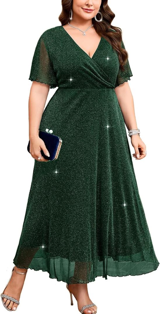 ZOMVA Plus Size Sparkly Maxi Dress V-Neck Wrap Ruffle Sleeve A-Line Glitter Gown Wedding Guest Cocktail Evening Party 3XL