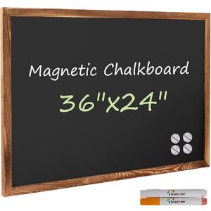 Rustic Wood Framed Magnetic Chalkboard 24 x 36, Large Hanging Chalk Board Sign for Kids, Non-Porous Wall Blackboard for Wedding Kitchen Restaurant Menu and Home with 4 Unique Magnets, Brown