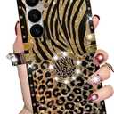 for Samsung Galaxy S25 Plus Glitter Kickstand Case, Cute Luxury Leopard Cheetah Print Pattern Ring Stand Golden Plating Bumper Elegant Shockproof Women Girls Case for Galaxy S25 Plus, Leopard