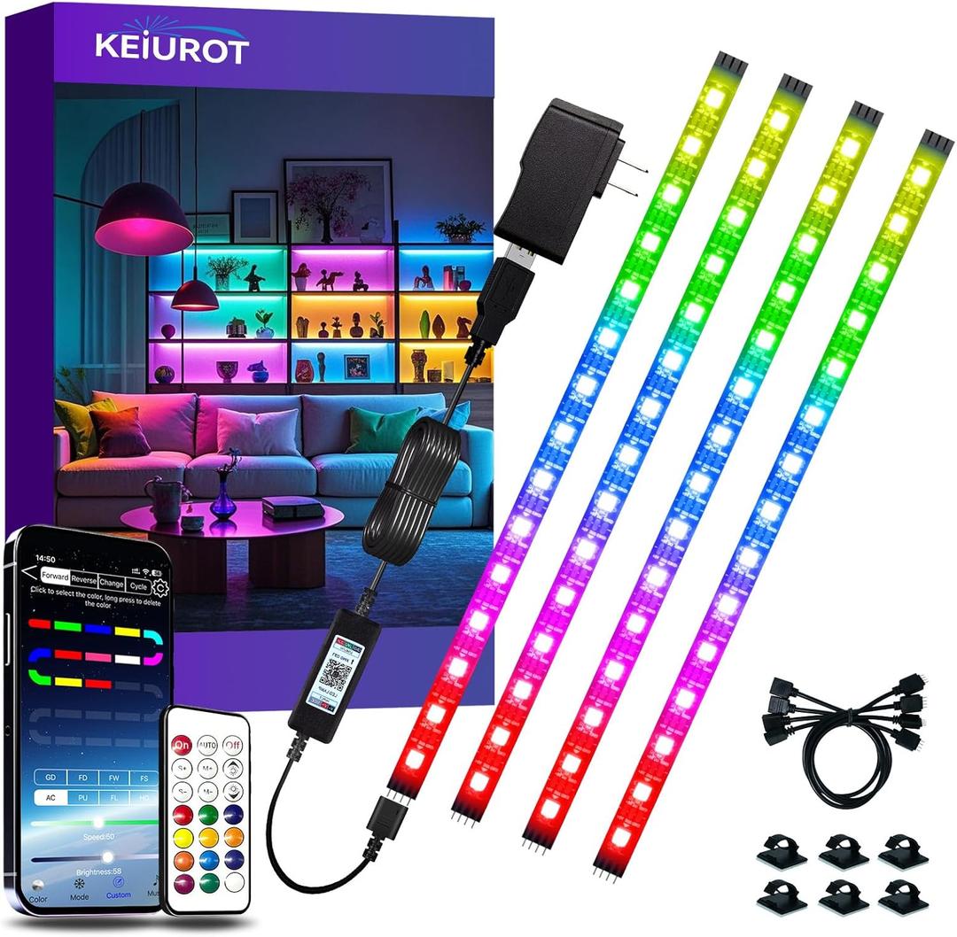 LED Strip Lights 4 Pre-Cut RGB Led Light Strip With APP & Remote Control, Multi-color Music Sync Changing Strip Lights for Cabinets Shelf Closets TV Backlight Kitchen Bedroom, With Power Adapter