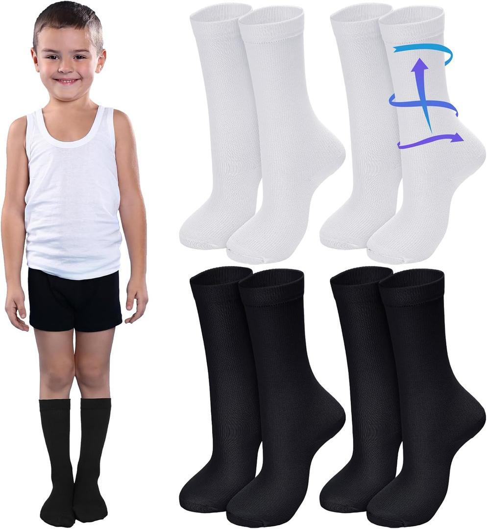 Tisancy 4 Pairs Kids Compression Socks 15-20 mmHg Knee Length Compression Stockings Travel Socks for Kids Children's (Solid Style, Black, White)