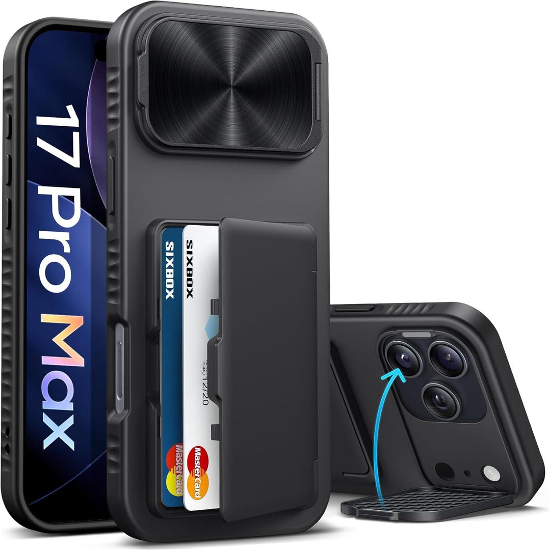 for iPhone 17 Pro Max Case Wallet, Built-in Stand & Card Holder & Camera Cover, Rugged Military Grade Protection Heavy Duty Hard Protective Phone Cover Case for iPhone 17 Pro Max 2025, Black