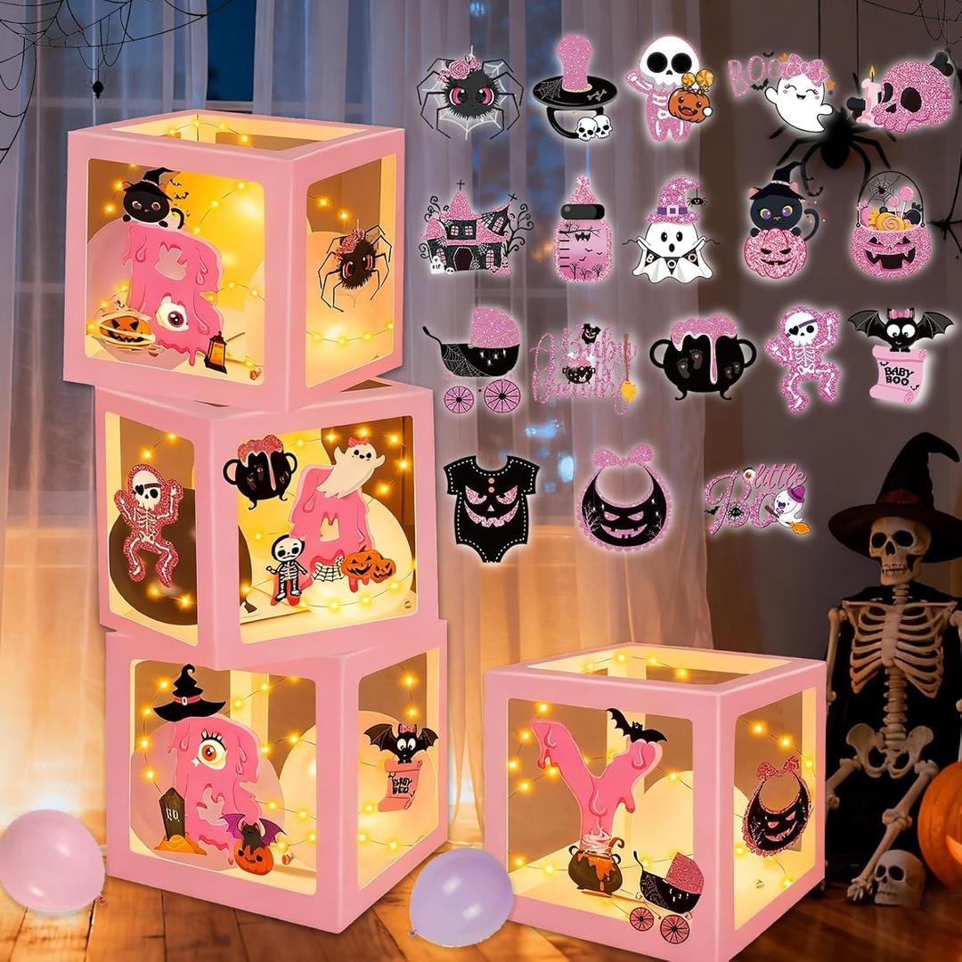 Halloween Decorations Balloons Boxes,4 Pcs Little Boo Baby Balloon Boxes with 4 Light Pink Girl Cardboard Boxes Halloween Baby Shower Party Decorations