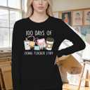 100 Days of School Shirt Teacher School Days Long Sleeve Shirts Funny 100 Days Celebration Tee Tops (Black, L)