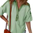 Dokotoo Womens Summer Shirts Casual Short Sleeve 1/4 Button Solid Collar Neck Curved Hem Pullover Sweatshirts Tops (Green, L)