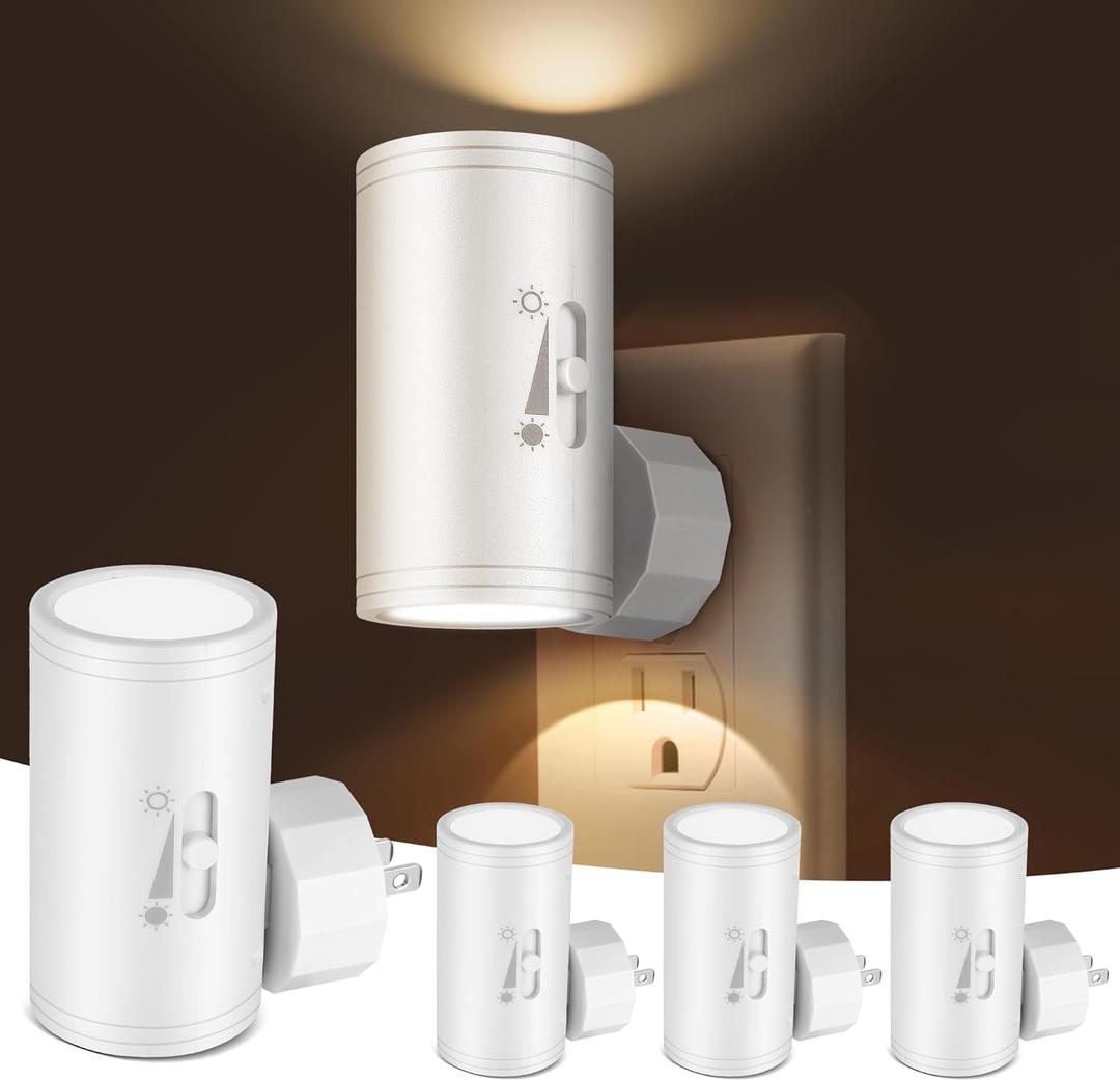 4 Pack LED Plug-in Wall Night Light with Dimmable 0-300 Lumens, 3000K Soft White, Auto On/Off Light Sensor & Adjustable Head for Hallway, Stairs, Bedroom