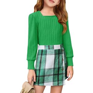 Haloumoning Girls Skirt Sets Fall Outfits Jacquard Long Sleeve Tops Plaid Skirts Shorts 2 Piece Clothing Sets 9-10 Years (Green)