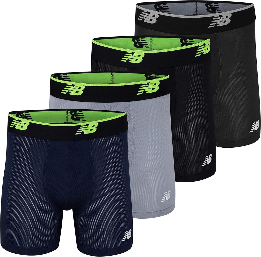 New Balance Men's Standard Mesh 5" with Fly Boxer Brief (4-Pack), Black(st)/ Steel/ Pigment(rg)/ Black(rg), X-Large New Balance Men's Standard Mesh 5" with Fly Boxer Brief (4-Pack), Black(st)/ Steel/ Pigment(rg)/ Black(rg), X-Large