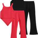 4 x 4 Piece Girls Heart-Shaped Clothing Sleeveless Ribbed Tank Tops and Flared Pants Summer Outfit 5-6Y (Red)
