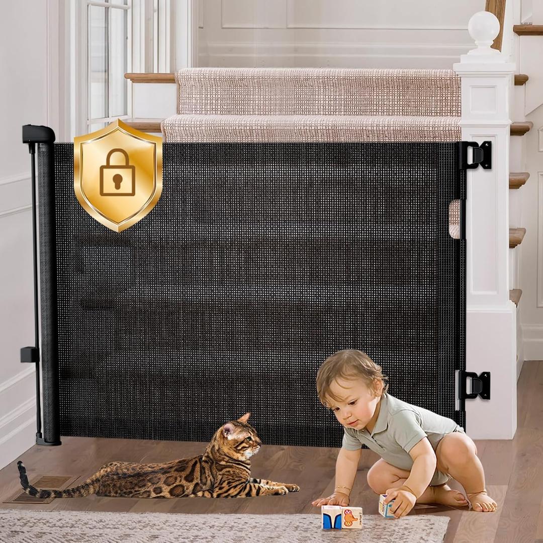 Retractable Baby Gates Hardware Mount for Stairs with Auto-Lock, 33" x 55" Mesh Double Locking Safety Baby Dog Pet Cat Gate for Doorways, Durable Child Gate for Hallways Kitchen Indoor Outdoor Black (33"Tall 55"Wide Drill)