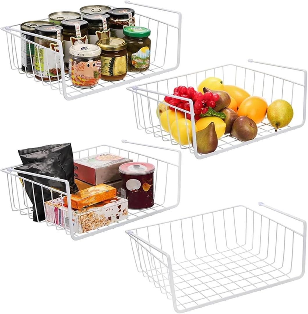 Tebery 4 Pack White Under Shelf Wire Basket Hanging Storage Baskets, Small Add-on Storage Racks Slide-in Cabinet Baskets Organizer for Kitchen Pantry Desk Bookshelf