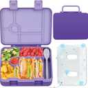Kids Bento Lunch Box with Ice Pack, 5 Compartments Leak-Proof Bento Box with Utensils, 5.5-Cup Capacity for Adults & Ages 8+, BPA Free, Microwave & Dishwasher Safe, Purple