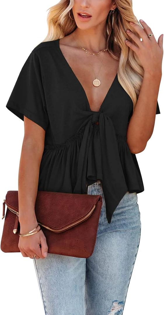 Fanway&EC Women's Short Sleeve V Neck Blouses Ruffle Hem Tie Front Crop Tops Lightweight Basic Summer Tops (Black, L)
