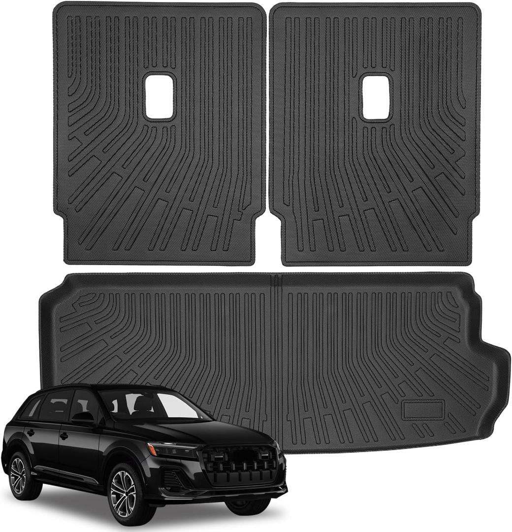 Marretoo Cargo Mat for Audi Q7 2018-2025 7 Seater Cargo Liner Seat Backrest 2 in 1 Mat All-Weather TPE Black Tray Trunk Mat Seat Cover Protector Replacement for Q7 Accessories