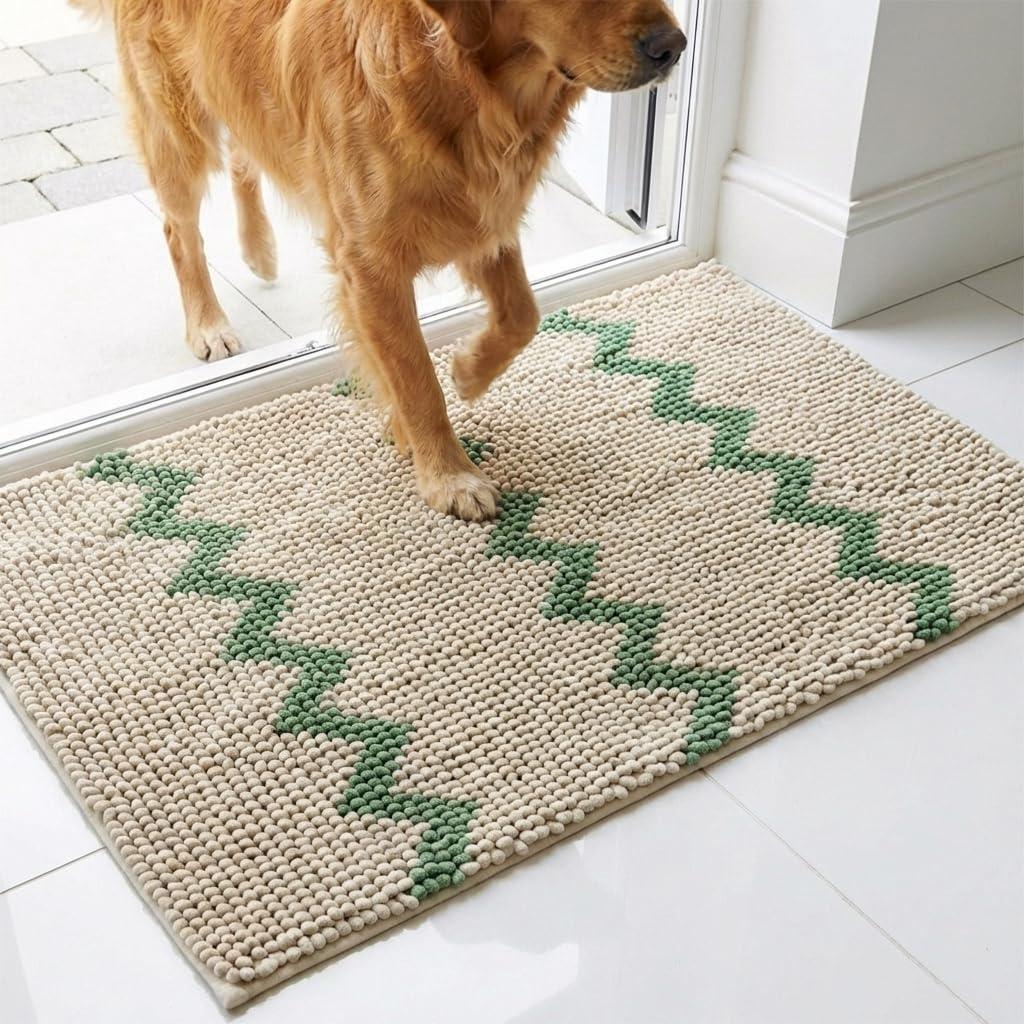 Muddy Mat Super Absorbent Loop-Thread Chenille Dog Door Mat for Muddy Paws Non-Slip, Machine Washable Indoor Entry Rug, Quick-Dry Pet Mat for Entryway Green Chevron 19"x30"
