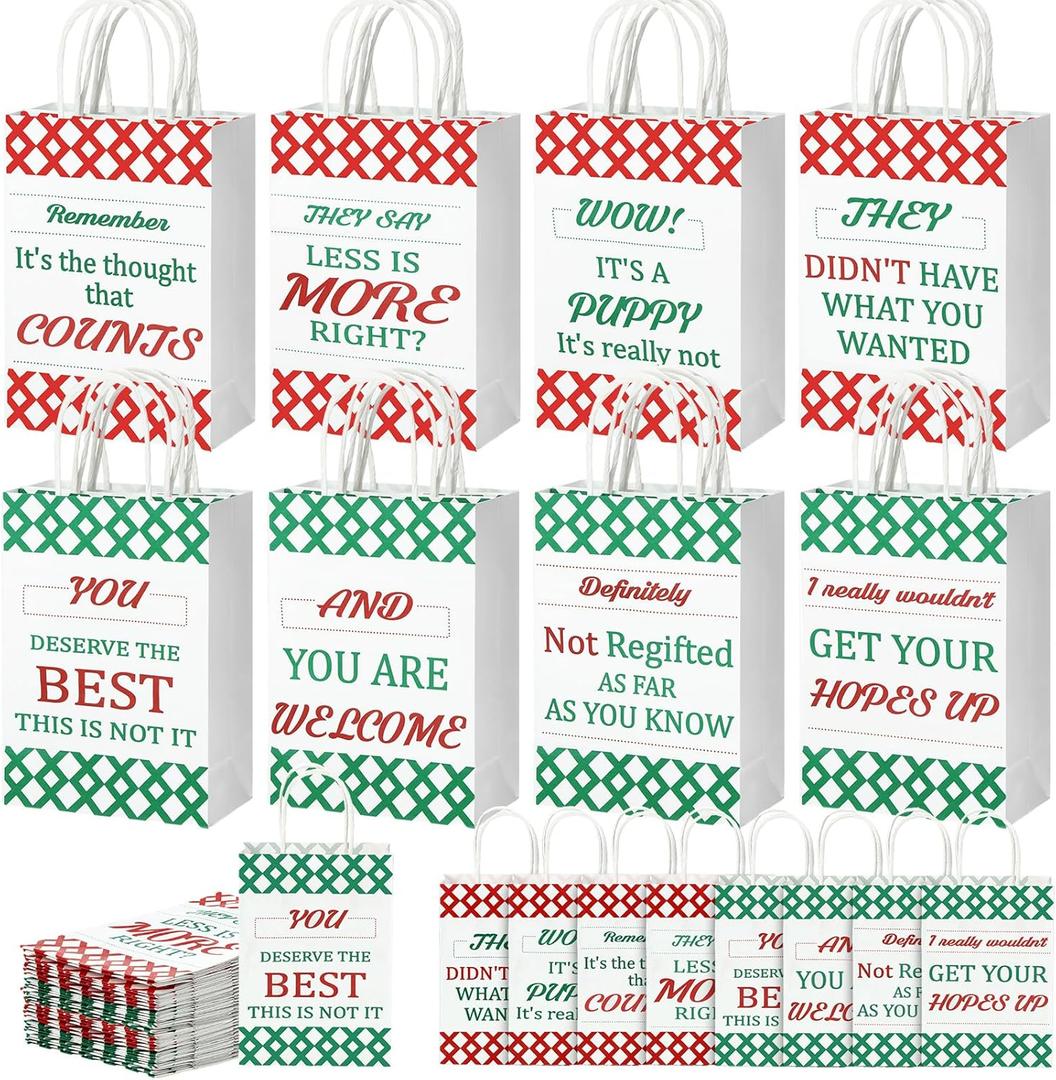 Glenmal 24 Pcs Christmas Funny Gift Bags with Handles Bulk Xmas Funny Gift Wrapping Paper Kraft Treat Goodie Bags 5.9 x 3.1 x 8.3 Inch Hilarious for Holiday Birthdays Paty