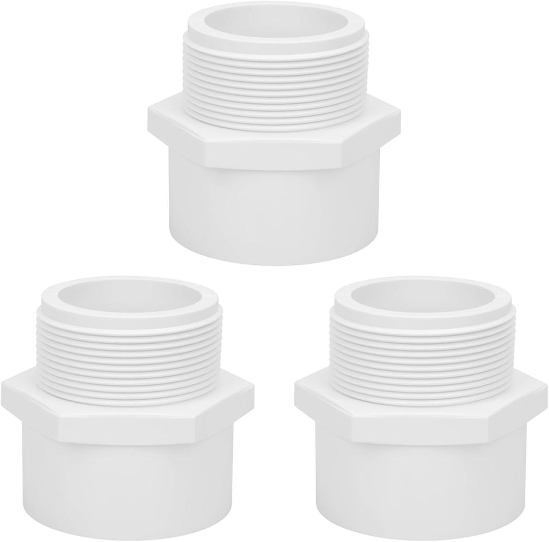 3Pack 2" PVC Male Adapter Pipe Fittings, 2-Way PVC Hose Adapter Coupling with 2-Inch Male Hose Thread, Schedule 40, White