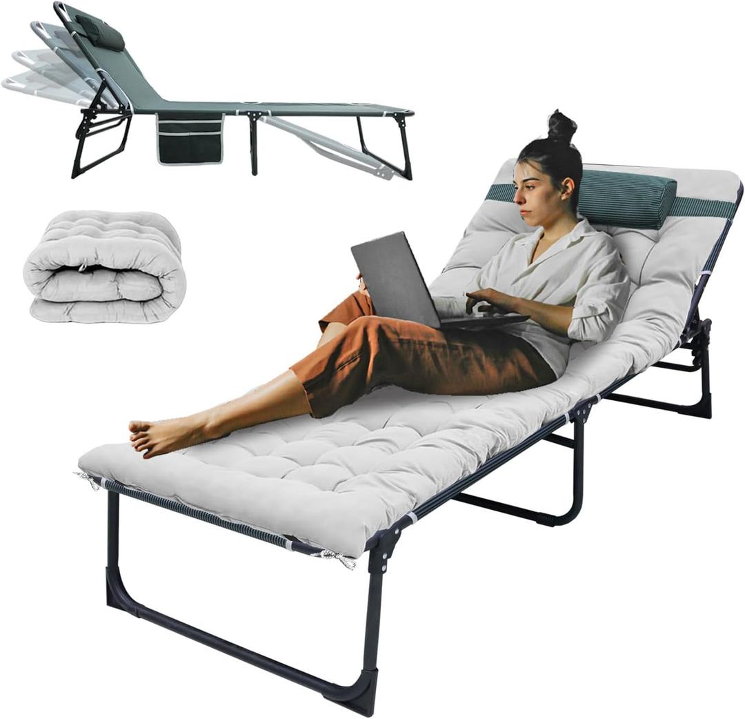 YELLOW JACKET Folding Camping Cot for Adults Adjustable 5-Position Portable Sleeping Cot Bed with Pillow and Removable Mattress Reclining Foldable Camp Cots for Outdoor,Home,Beach,Patio,Grey, 75 inches x 26.8 inches x 5.9 inches