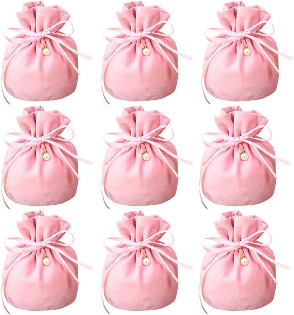 20 Pcs Round Bottom Drawstring Velvet Gift Bags Jewelry Pouches with Pearl Bead,for Wedding Favors,Christmas,Party Favors,Birthday,Pink