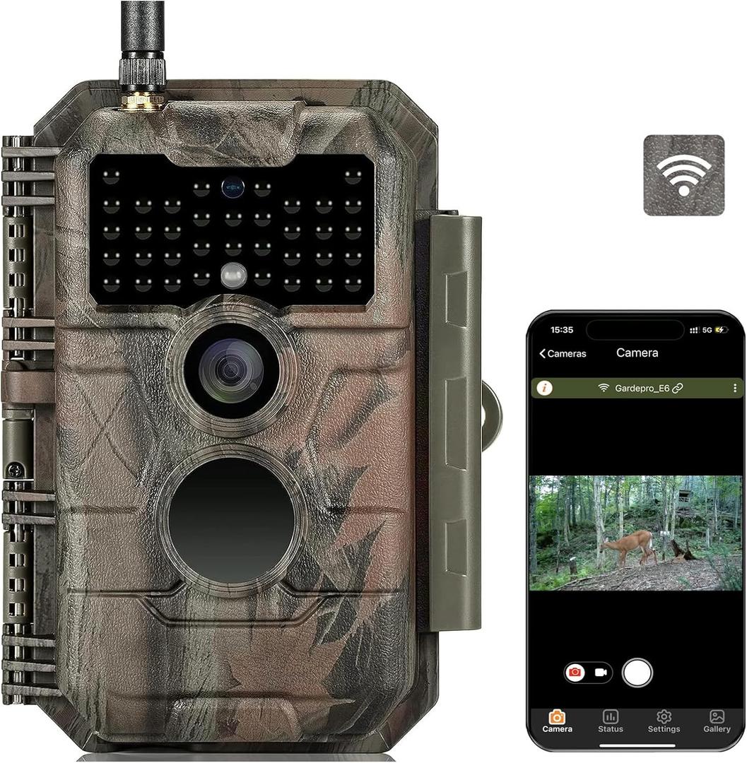 GardePro E6 WiFi Trail Camera (Non-Cellular), Stable WiFi with External Antenna, On-Site App Viewing, 64MP 1296P HD, No-Glow Night Vision, Motion Activated Waterproof Game Camera