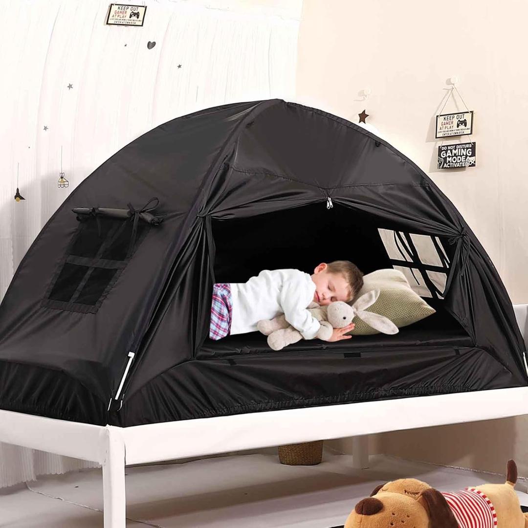 CRAWLBO Bed Tent for Kid Twin Size Bed Canopy,Sensory Breathable Privacy Space Sleeping Drafty Room Dream Tents Indoor Play Tent BlackOut Kid Sleep Tent (Black, Twin) 
51"W x 75"L