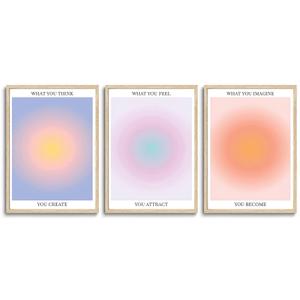 KISSFOX 3 Piece OAK Wood Framed Wall Art Pink Orange Blue Wall Decor Aura Canvas Art What You Think Feel Imagine Pictures Trendy Aesthetic Preppy Paintings For Apartment Dorm Women Girls Bedroom