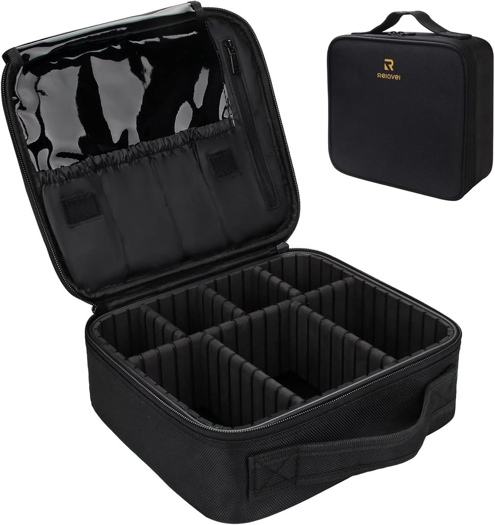 Relavel Travel Makeup Train Case Makeup Cosmetic Case Organizer Portable Artist Storage Bag with Adjustable Dividers for Cosmetics Makeup Brushes Toiletry Jewelry Digital Accessories Black (Small)
