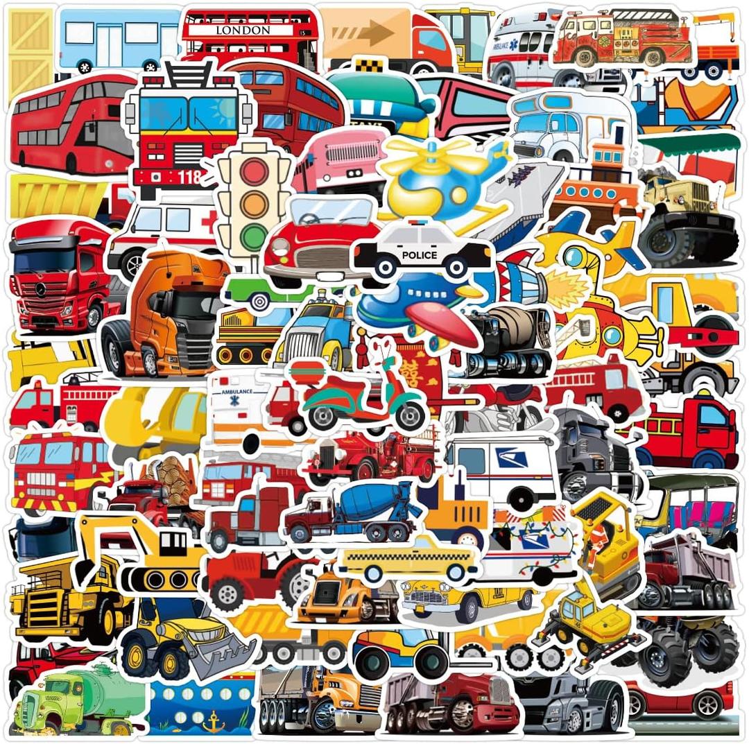 100pcs Vehicle Stickers for Kids, Transportation Stickers with Construction Truck Digger Engineering Car Train Motorbike Fire Truck Crane Airplane, Waterproof Vinyl Stickers for Water Bottle Scrapbook, 5.6 X 3.4 X 0.5 Inches