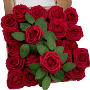 100pcs Artificial Flowers Dark Red Rose Real Looking Fake Foam Roses with Stem for DIY Wedding Bouquets Bridal Shower Centerpieces Arrangements Party Home Decorations