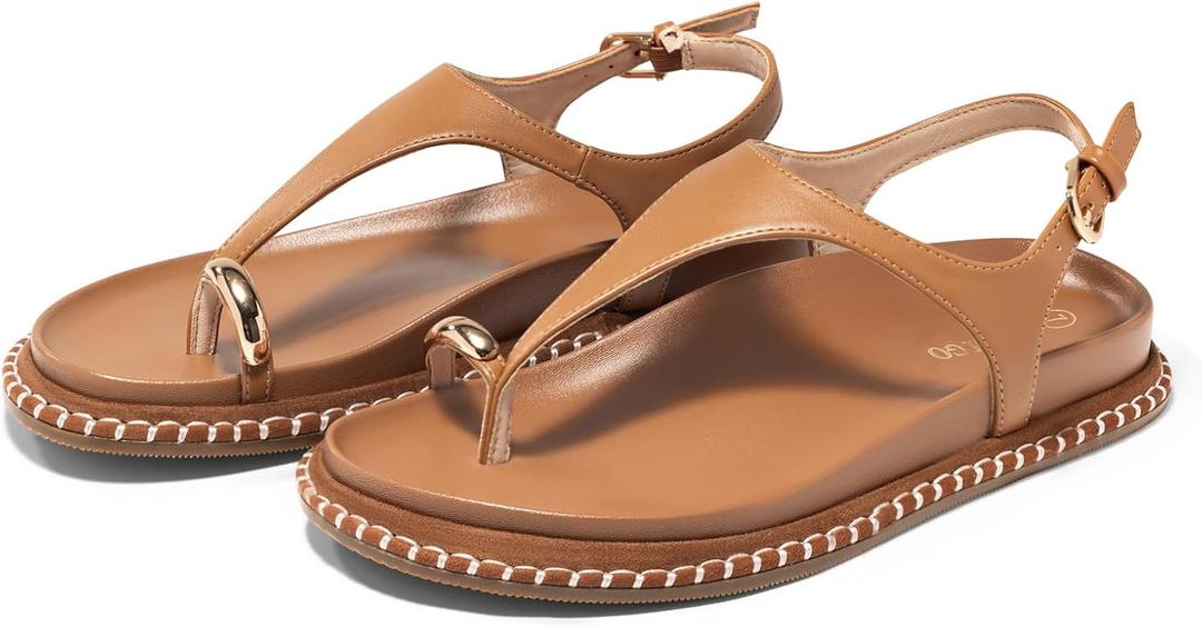 Coutgo Womens Toe Ring Flat Sandals Comfortable Flip Flops T Strap Footbed Sandals Ankle Strap Summer Beach Shoes (9, Brown)