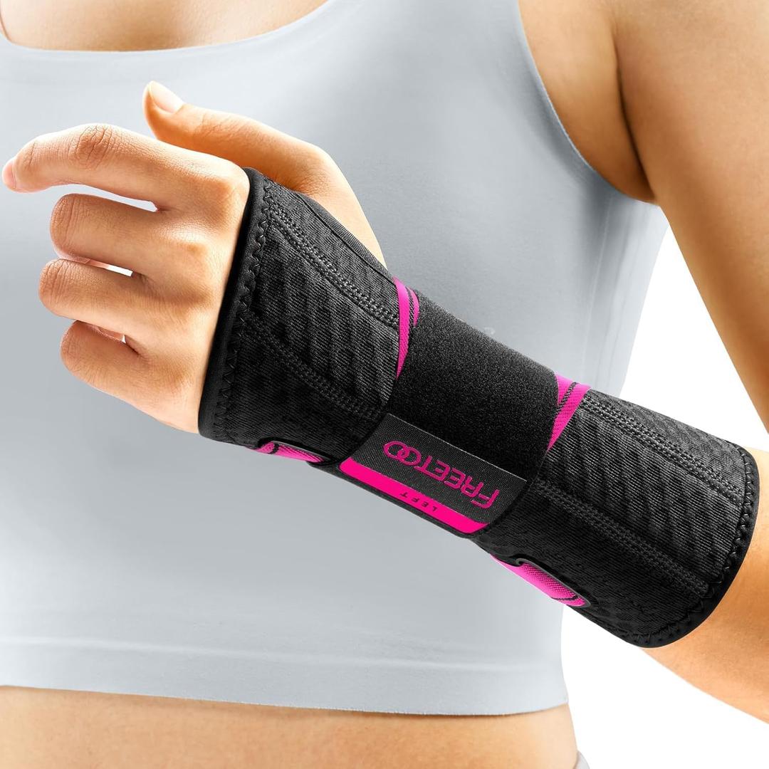 FREETOO Carpal Tunnel Wrist Brace Night Support Fit Left Hand for Work, Pain Relief Wrist Splint for Tendonitis, Sprain, Strain, Rigid Hand Brace for Arthritis for Women & Men (S/M, Black/Pink)