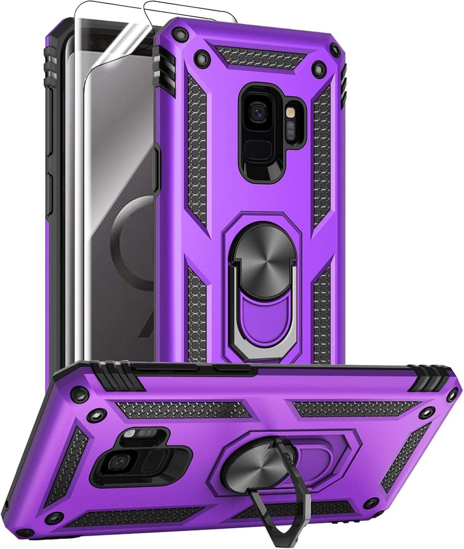 Androgate for Samsung Galaxy S9 Case with HD Screen Protectors, Military-Grade Metal Ring Holder Kickstand 15ft Drop Tested Shockproof Cover Case for Samsung Galaxy S9 (2018), Purple