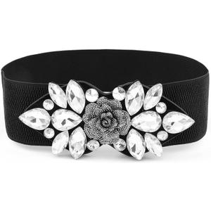 Rhinestone Stretch Belt Wide Formal Belt Women Fashion Belts Elastic Dressy Waist Accessories (Black White Belt, M:fit waist size 31-40 in)