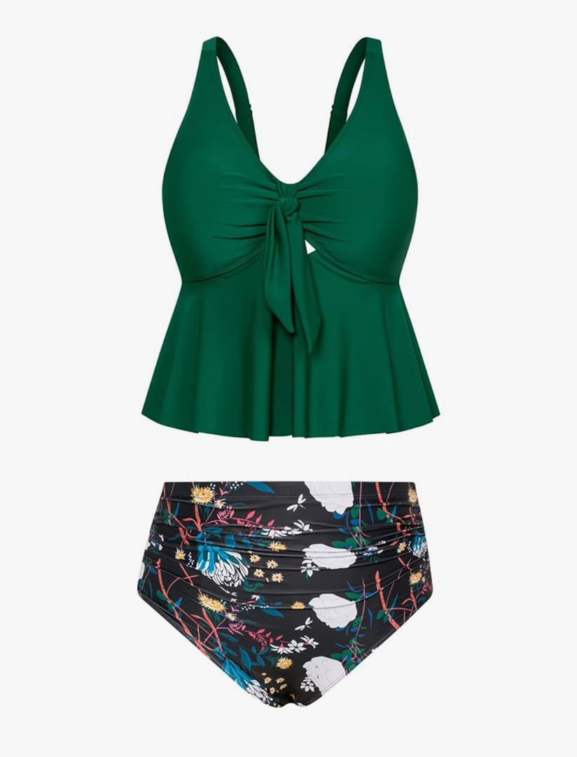 Hanna Nikole Women Plus Size 2 Piece V Neck Tie Tankini Swimsuit with Tummy Control Bikini Bottoms Bathing Suits 18W