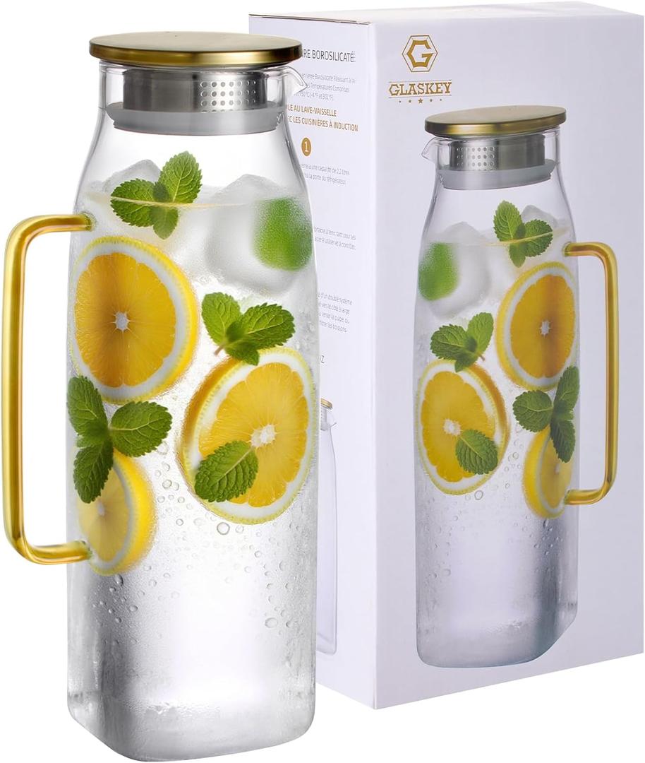 GLASKEY 74oz Square Glass Pitcher with Lid and Handle for Fridge,Borosilicate Glass Carafe for Hot or Cold Drink, Large Jug for Iced Tea,Coffee,Juice,Homemade Beverage (Gold)