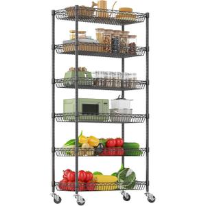 Himimi 6 Tier Rolling Storage Cart, Metal Wire Basket Rack with Wheels, Adjustable Storage Shelves Organizer Shelf for Kitchen Pantry Garage Laundry Room Bathroom, 30" W X 13.5" D X 63" H, Black