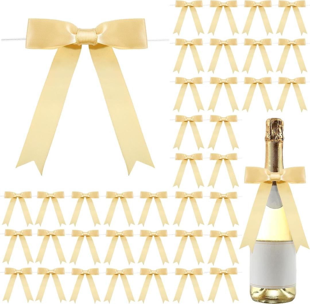 Riceshoot 50 Pcs Twist Tie Bows 5x7 Inch Large Satin Ribbon Bow for Gift Wrapping Champagne Bottle Cake Treat Bag Craft DIY Gift Wedding Baby Shower Bridal Shower Christmas Birthday Party(Gold)
