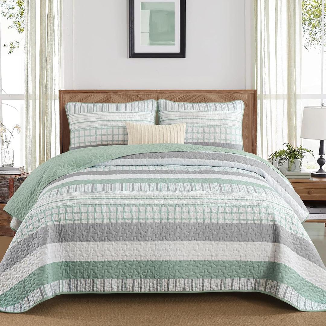 DJY Striped Quilt Set King Size, Sage Green Boho Bedspread Set 3 Pieces Patchwork Coverlet Bedding Set Lightweight Soft Microfiber for All Season (104"x90") (Aqua)