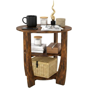 ZEXVIDA Rustic Brown Round Side Table, 3-Tier End Table with Storage Shelves, Farmhouse Nightstand for Bedroom, Small Accent Table for Living Room Sofa, 19.7" D x 21.7" H