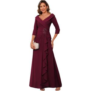 Raseal Women's Ruffles Formal Dresses for Mother with 3/4 Sleeves Applique Long Chiffon A Line Burgundy Dress for Evening Gown 14