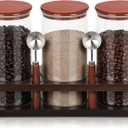 Suclain 3 Pcs Glass Coffee Bean Container 44 oz Airtight Coffee Canister with Shelf and Measuring Spoon Kitchen Food Canister Jar for Sugar Candy (Classic Style, Wood, Glass, Stainless Steel)