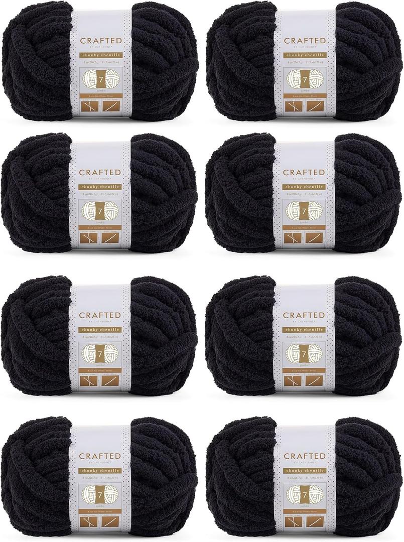 Crafted By Catherine Chunky Chenille Yarn - 8 Pack (8 oz / 227 g, 31.7 Yards Each Skein), Black, Gauge 7 Jumbo